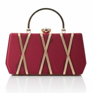 Front view of a structured red hard-body clutch featuring gold diagonal metal overlays and a circular gold handle against a white background.