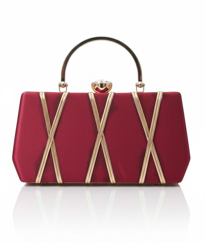 Front view of a structured red hard-body clutch featuring gold diagonal metal overlays and a circular gold handle against a white background.