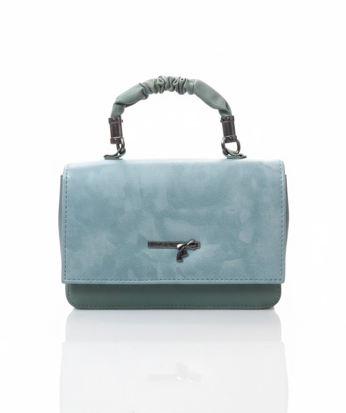 Front view of a mist blue genuine leather flap bag with a ruched top handle and gunmetal hardware on a white reflective surface.