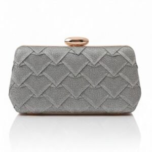 Front view of a silver textured petal-weave evening clutch with a rose-gold clasp on a white reflective surface.