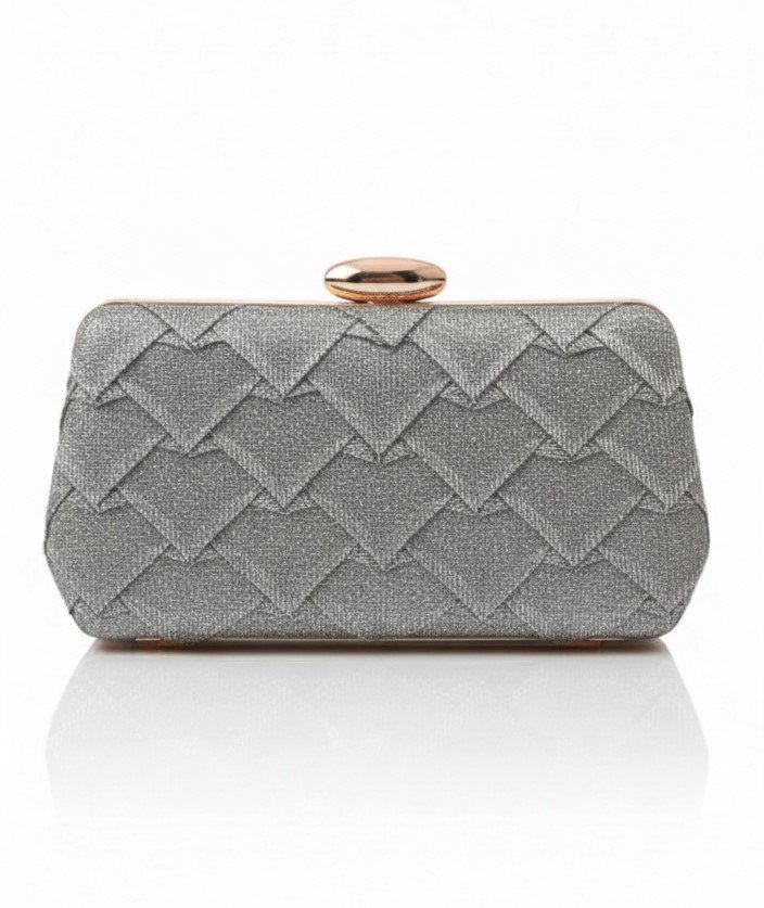 Front view of a silver textured petal-weave evening clutch with a rose-gold clasp on a white reflective surface.