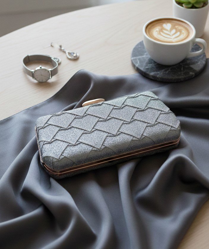 A silver shimmer clutch styled on a table with a gold watch and lifestyle accessories, showcasing its metallic detail.