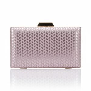 Front view of a structured metallic rose gold box clutch featuring a 3D woven lattice pattern and a gold-tone geometric clasp on a white background.