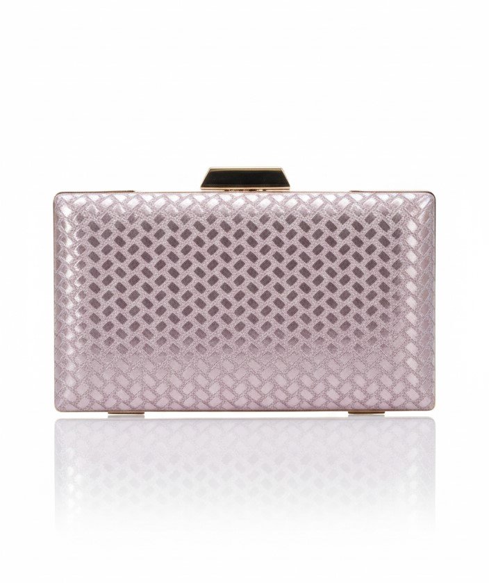 Front view of a structured metallic rose gold box clutch featuring a 3D woven lattice pattern and a gold-tone geometric clasp on a white background.