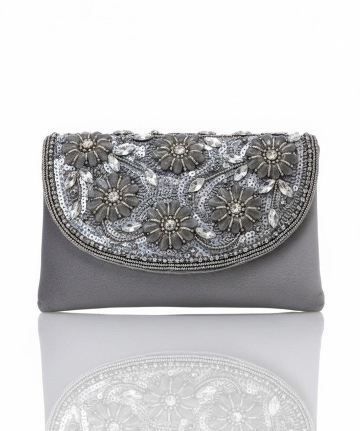 Front view of a slate gray satin clutch featuring intricate hand-beaded floral designs and silver sequins.