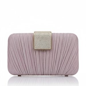 Front view of a blush pink shimmering pleated evening clutch with a square crystal-encrusted clasp.