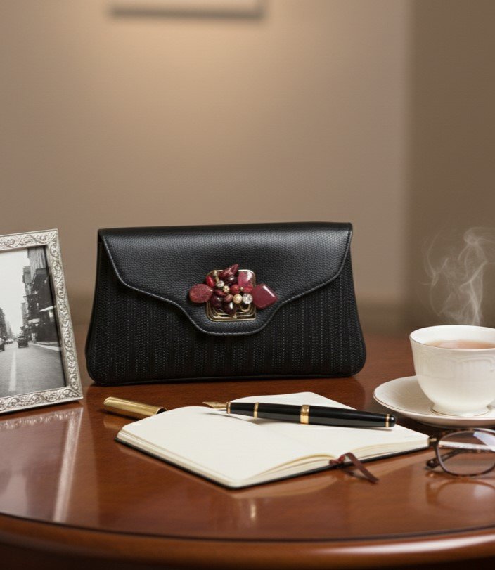The Noir Luxe: Jewelled Stone Envelope Bag - Image 3