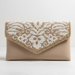 Luxury Embroidered Envelope Clutch – Beige & Gold
