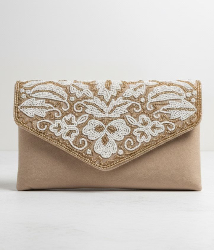 Luxury Embroidered Envelope Clutch – Beige & Gold