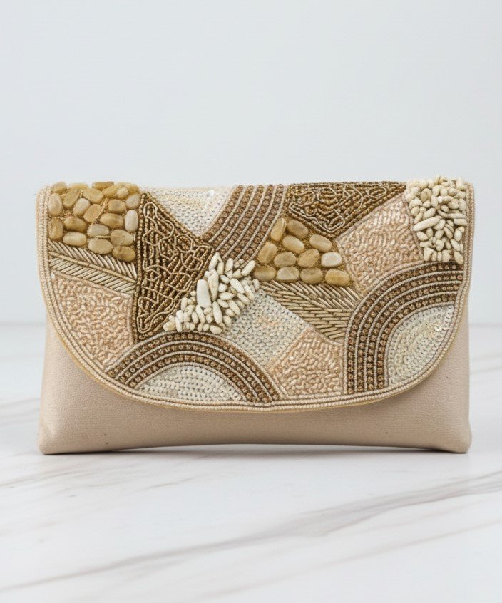 Handcrafted Beaded Envelope Clutch – Ivory & Gold Patchwork