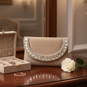 Velvet Crystal Arc Clutch – Champagne Beige