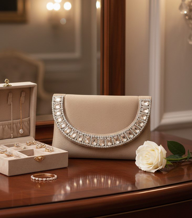 Velvet Crystal Arc Clutch – Champagne Beige