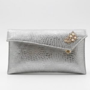 Croc-Embossed Envelope Clutch with Pearl Brooch