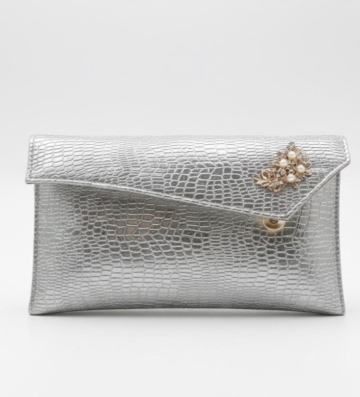 Croc-Embossed Envelope Clutch with Pearl Brooch