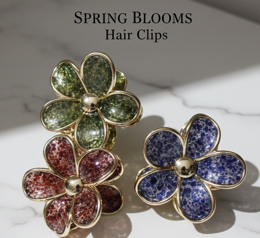 Spring Blooms Floral Hair Clips – Luxury Gold-Rimmed Stone Finish Flower Claw Clips