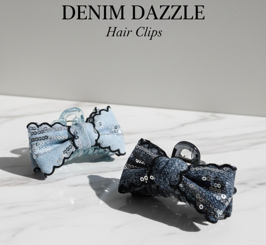 Denim Dazzle Hair Clips – Sequin Denim Bow Claw Clips