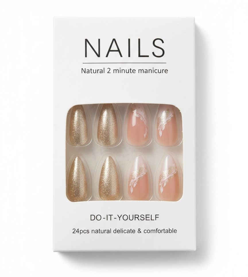 Press-On Artificial Nails – Gold Glitter & Nude Pink Glossy Nails