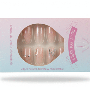 Press-On Artificial Nails – Nude Blush Glitter with Crystal Art Nail