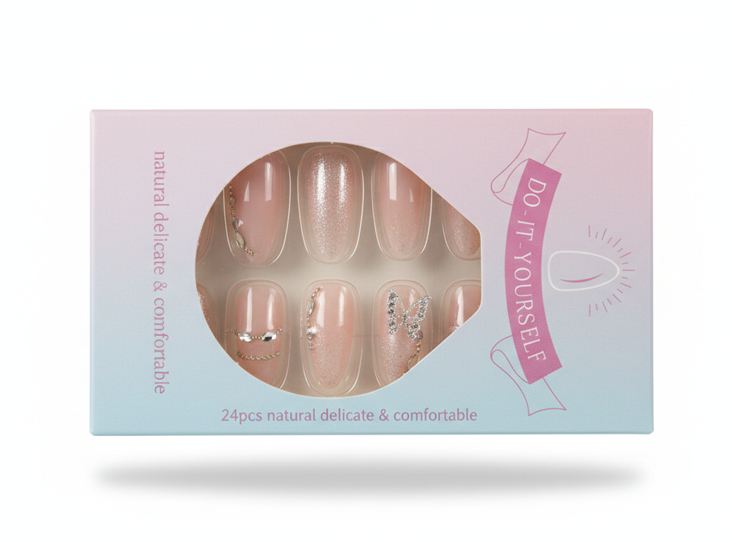 Press-On Artificial Nails – Nude Blush Glitter with Crystal Art Nail