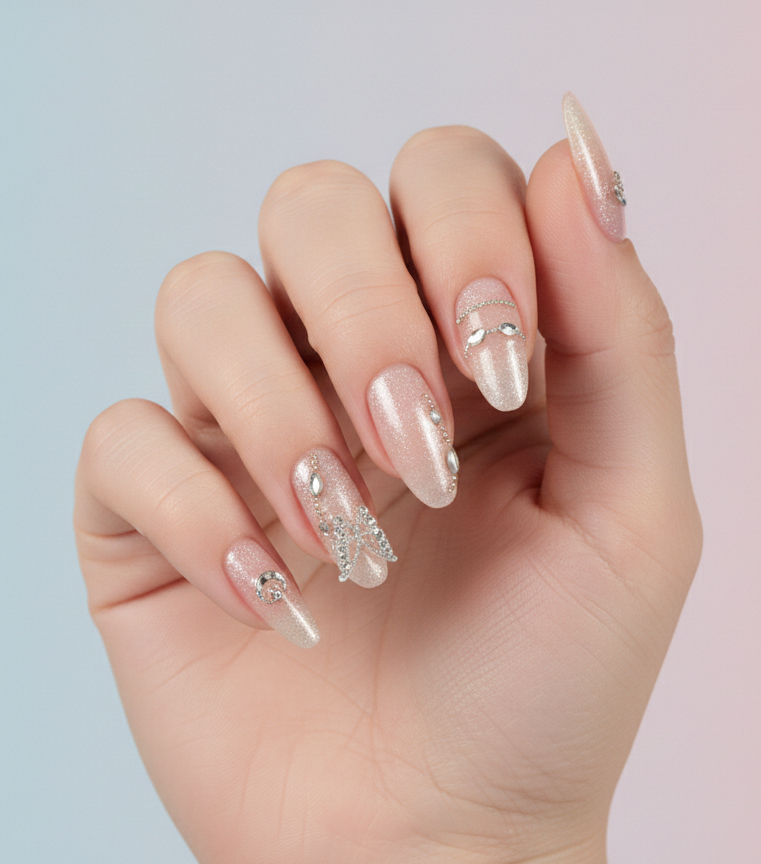 Press-On Artificial Nails – Nude Blush Glitter with Crystal Art Nail - Image 2
