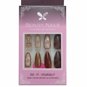 Press-On Artificial Nails – Gold Floral & Tortoiseshell Design Nail