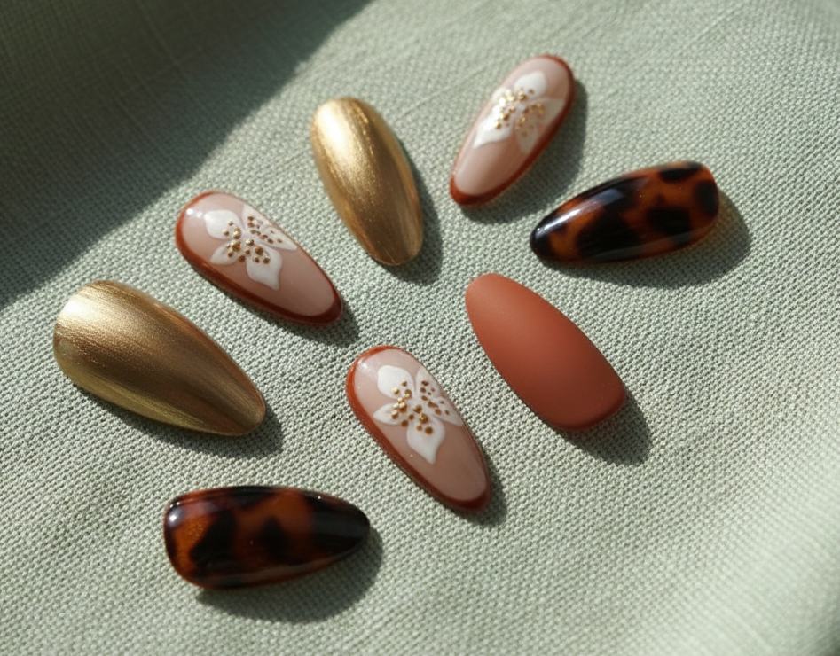 Press-On Artificial Nails – Gold Floral & Tortoiseshell Design Nail - Image 2