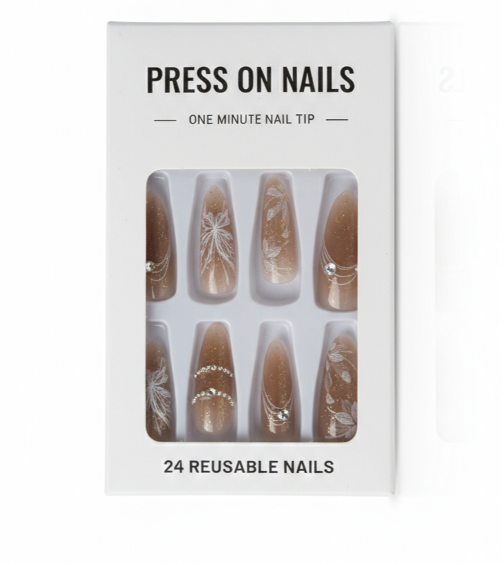 Press-On Artificial Nails – Nude Floral Crystal Design Nails