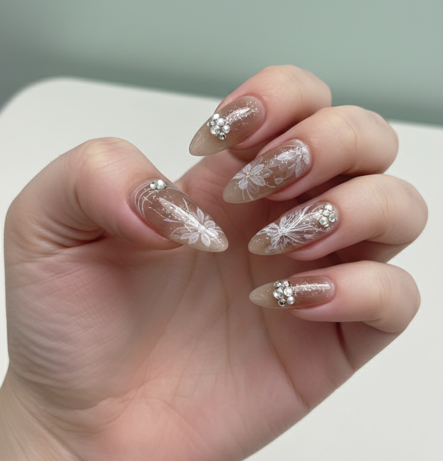 Press-On Artificial Nails – Nude Floral Crystal Design Nails - Image 3