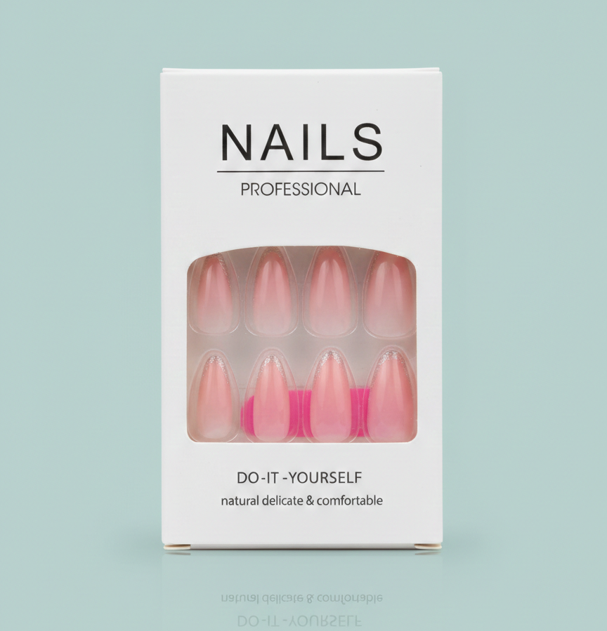 Press-On Artificial Nails – Pink Ombre Glitter Tip Nails