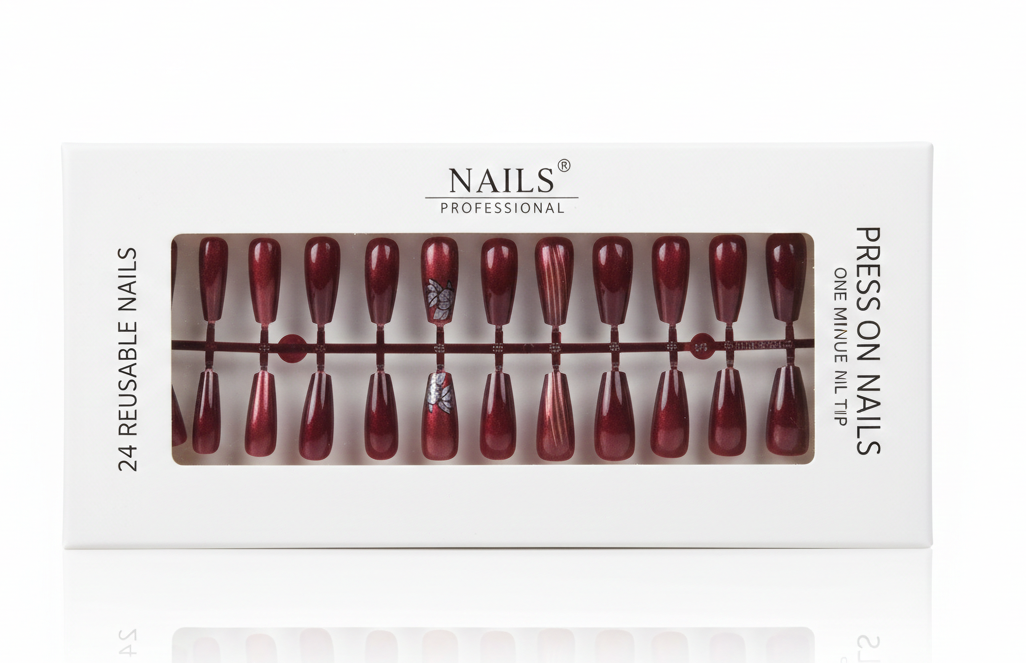 Burgundy Butterfly Press-On Artificial Nails
